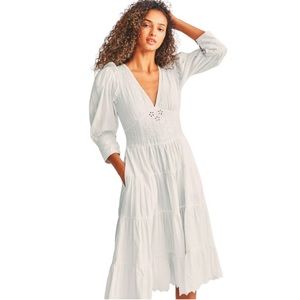 LoveShackFancy Stephen Midi Dress White Cotton Embroidered Puff Sleeves Size 00